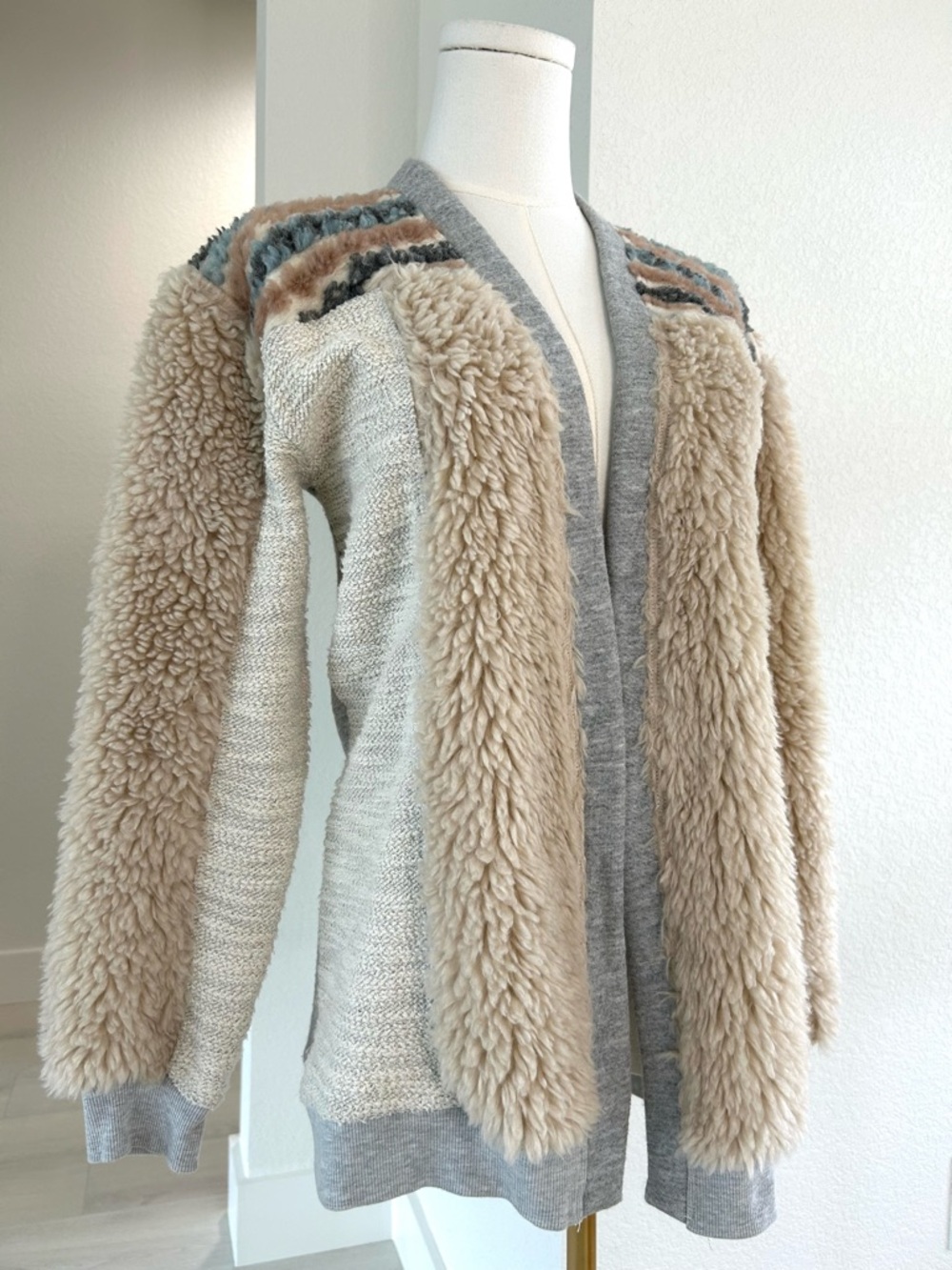 Amadi Anthropologie Chaparral Bohemian Teddy Bear Open Front Cardigan Womens XS